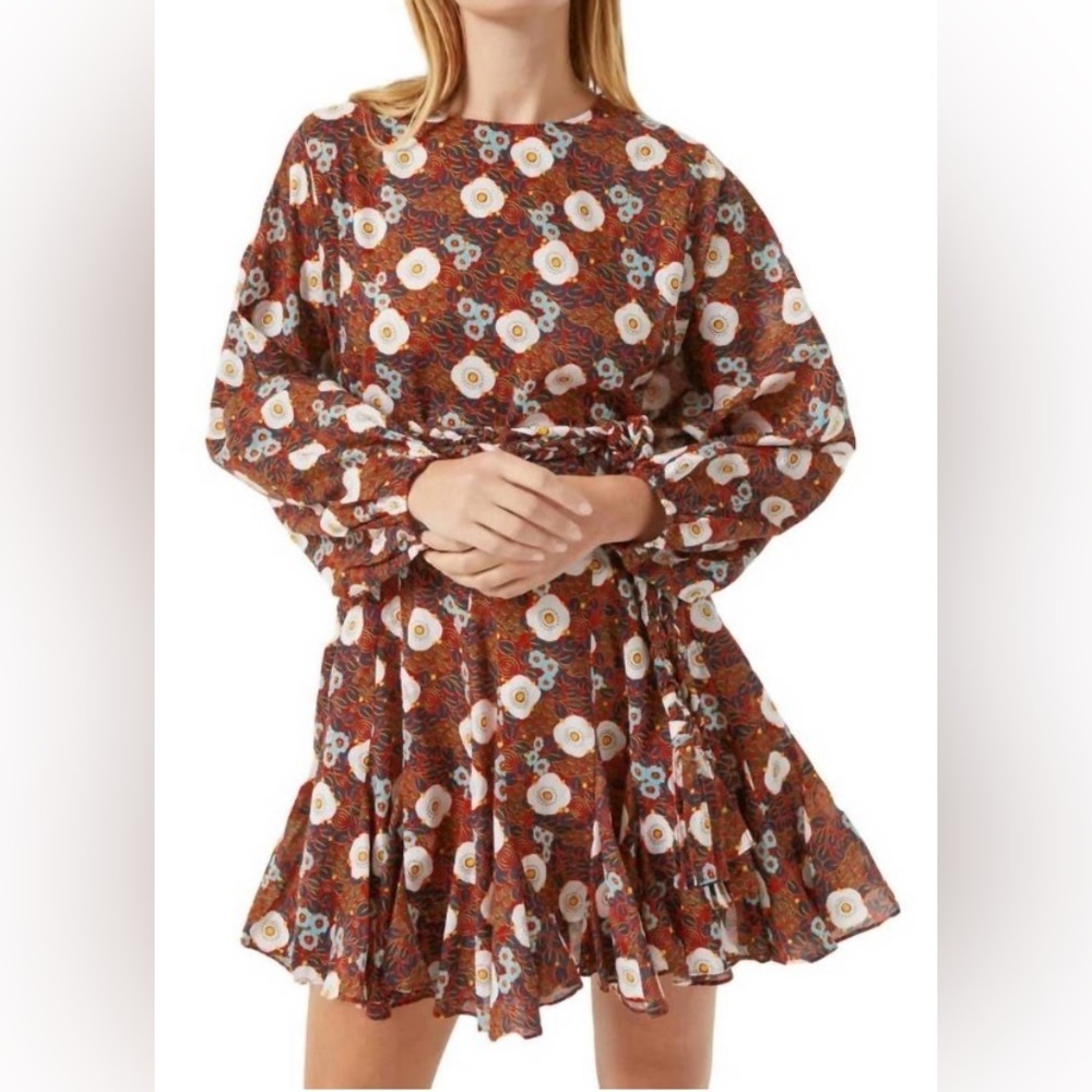 RHODE Ella Mini Dress Scarlet Aura Blossom White and Brown Size Small
